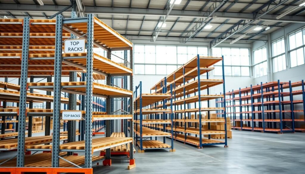 Adjustable storage shelving in a brightly lit modern warehouse setting. The shelves are made of sleek metal frames with multiple adjustable wooden or composite shelves. The shelves are stacked neatly in the foreground, showcasing the "Top Racks" brand name prominently displayed. The middle ground features additional shelving units in various sizes and configurations, allowing for flexible and customizable storage solutions. The background depicts a spacious, airy warehouse interior with high ceilings, large windows, and ample natural lighting, creating an atmosphere of organization and efficiency.