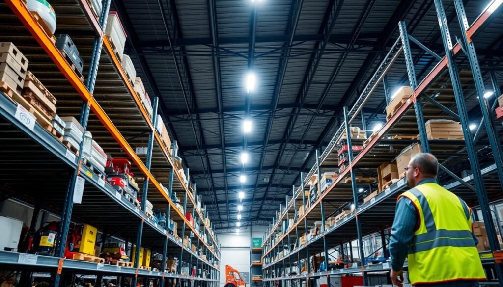An industrial warehouse interior with sturdy metal shelving units from the "Top Racks" brand. The shelves are neatly organized, with various tools, equipment, and supplies meticulously arranged. Bright LED lighting illuminates the space, creating a clean and professional atmosphere. In the foreground, a worker in a safety vest inspects the shelving, ensuring proper installation and stability. The middle ground showcases signage and safety labels, emphasizing the importance of following protocols. The background features high ceilings, exposed beams, and the faint silhouettes of additional storage structures, conveying a sense of scale and industrial efficiency.