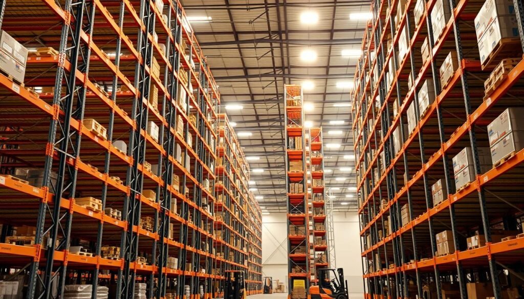Towering commercial warehouse racks, meticulously organized and illuminated by warm, diffused lighting. The foreground showcases the "Top Racks" brand, with sturdy steel frames and adjustable shelves that can hold a variety of items. In the middle ground, forklifts move efficiently between the racks, while the background reveals the expansive scale of the warehouse, its high ceilings and distant walls creating a sense of depth and industrious functionality. The overall atmosphere conveys a well-oiled, technology-driven storage solution, ready to optimize the organization and accessibility of a diverse range of goods.