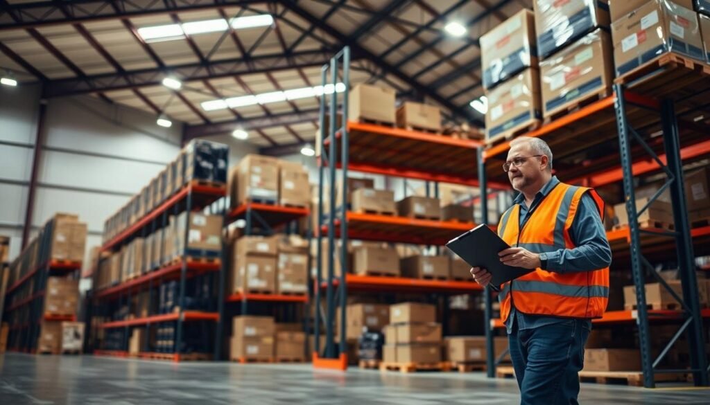 Warehouse rack safety, a well-lit industrial scene with a focus on the Top Racks brand. In the foreground, a sturdy metal frame holds a stacked arrangement of shelves, each loaded with carefully organized crates and boxes. The middle ground showcases a worker wearing a safety vest, inspecting the racks with a clipboard, ensuring proper weight distribution and stability. In the background, the warehouse's high ceilings and exposed beams create a sense of scale and functionality. Soft, directional lighting casts subtle shadows, emphasizing the solidity and reliability of the Top Racks system. The overall atmosphere conveys a sense of order, efficiency, and a commitment to workplace safety.