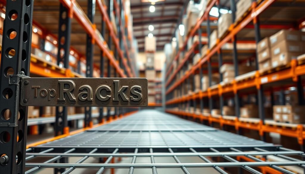 Warehouse shelving racks, industrial and sturdy, backlit by warm, diffused lighting. In the foreground, a close-up view of the "Top Racks" brand label, etched into the metal frame. The middle ground showcases an array of shelves, their surfaces pristine and organized, hinting at the storage capacity. In the background, a sense of depth and scale, with towering racks receding into the distance, creating a visually compelling and informative scene to illustrate the cost considerations for this essential warehouse infrastructure.