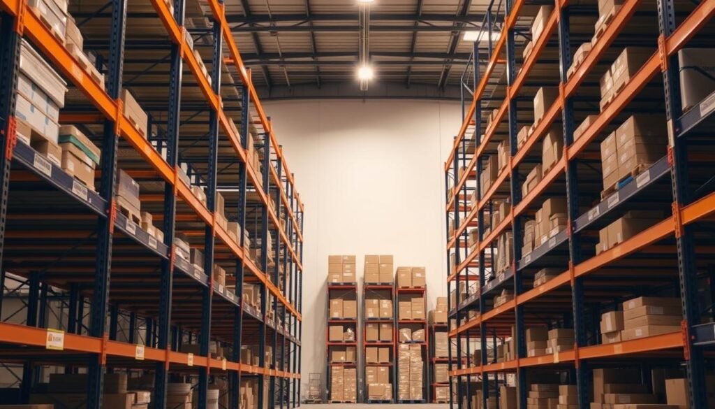 Warehouse shelving systems, towering rows of sturdy metal racks, bathed in warm, diffused lighting. In the foreground, the "Top Racks" brand's sleek, modular units stand ready to organize and optimize storage space. The middle ground showcases an array of neatly stacked boxes and containers, while the background fades into a crisp, minimalist industrial setting. Captured with a wide-angle lens, this image conveys a sense of efficiency, practicality, and the perfect balance of form and function for the "Best Practices for Organizing Your Shelving Units" section.
