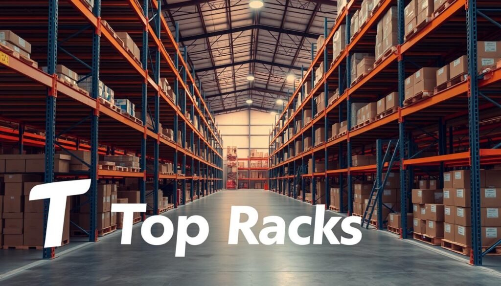 Warehouse shelving units, floor-to-ceiling metal racks with adjustable, reinforced shelves. In the foreground, the "Top Racks" brand logo prominently displayed. Warm, diffused lighting illuminates the scene, casting long shadows and highlighting the clean, industrial aesthetic. Rows of shelves stretch into the middle ground, filled with neatly organized boxes and containers. In the background, a high-ceilinged warehouse space with concrete floors and exposed beams, conveying a sense of efficiency and functionality. The overall atmosphere is one of streamlined organization, optimized for maximum storage and accessibility.