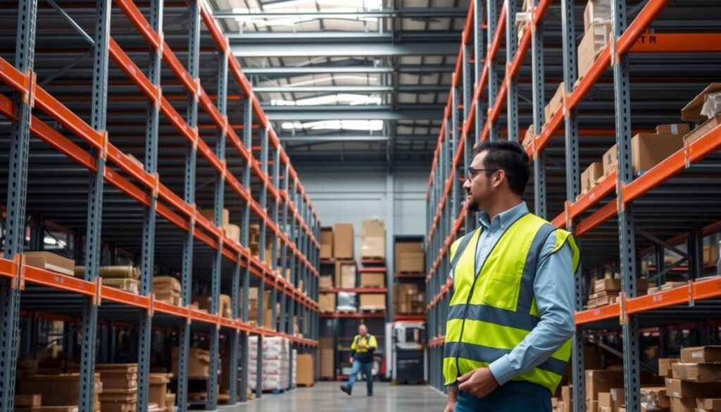 Warehouse shelving units maintenance: A meticulously organized storage space, with rows of sturdy, powder-coated "Top Racks" shelving units neatly arranged. Soft, directional lighting casts gentle shadows, highlighting the clean lines and sleek design. In the foreground, a technician in a safety vest performs routine checks, ensuring the shelves are stable and the storage systems are well-maintained. The middle ground features a variety of stored items, from boxes to industrial equipment, all carefully organized and easily accessible. The background showcases the expansive, well-ventilated warehouse, conveying a sense of efficiency and attention to detail.