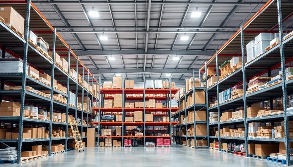 high-quality commercial shelving solutions for a modern warehouse, showcasing the "Top Racks" brand. A well-lit, clean, and organized storage area, with a variety of modular shelving units arranged in a symmetrical, geometric pattern. The shelves are stocked with a diverse range of products, from boxes and containers to larger items, all neatly organized. The lighting is bright and evenly distributed, creating a sense of efficiency and professionalism. The camera angle is slightly elevated, capturing the full height and depth of the shelving system, emphasizing its functionality and versatility. The overall mood is one of technological sophistication and streamlined storage solutions.