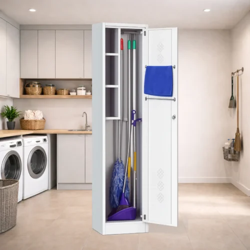 white metal cleaning supplies cabinet
