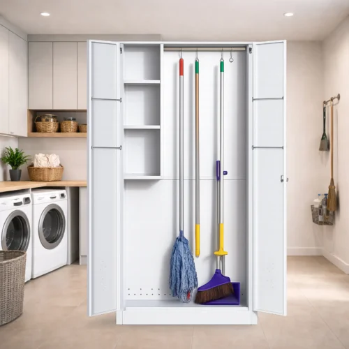 white metal storage cabinet with shelves