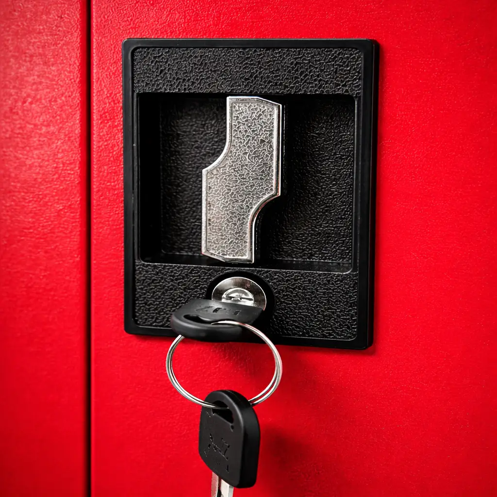 red metal locker with lock keys
