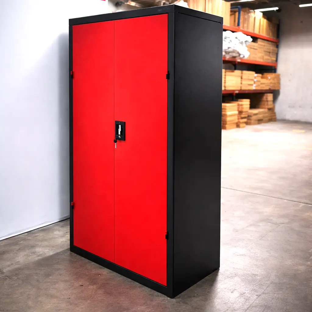 metal storage cabinet with red doors