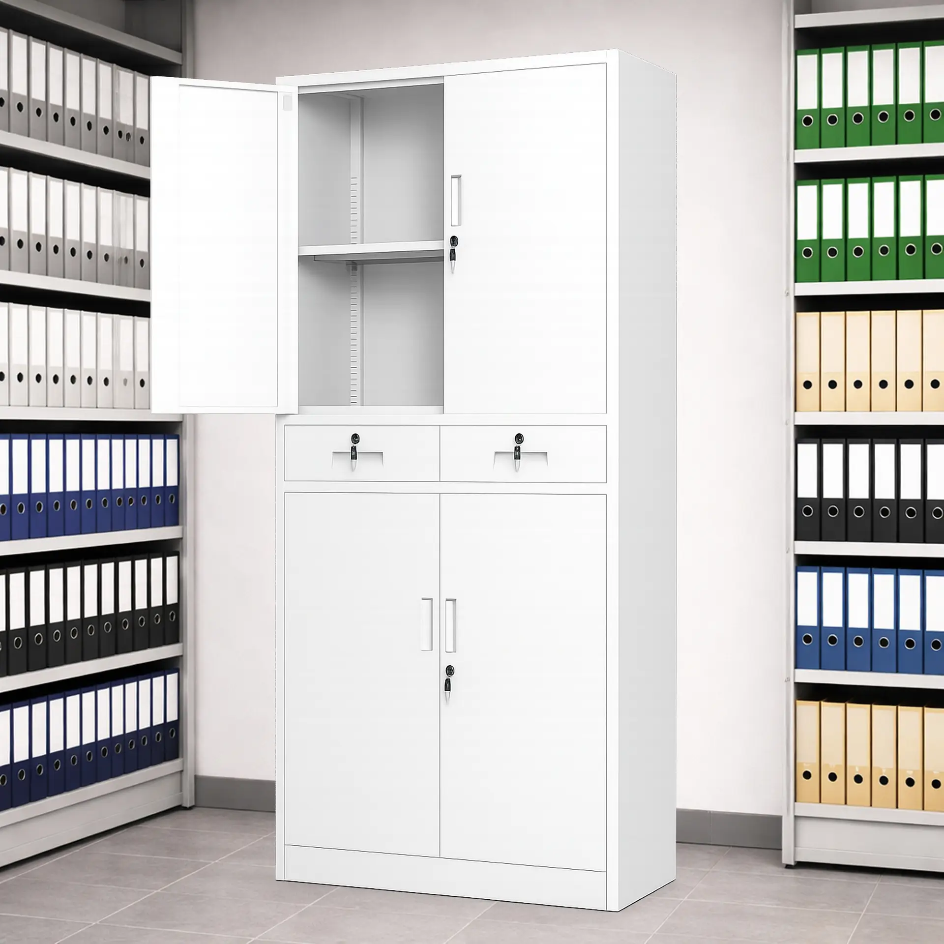 white metal storage cabinet with locks