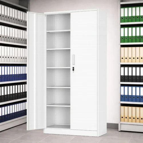 white metal storage cabinet with shelves
