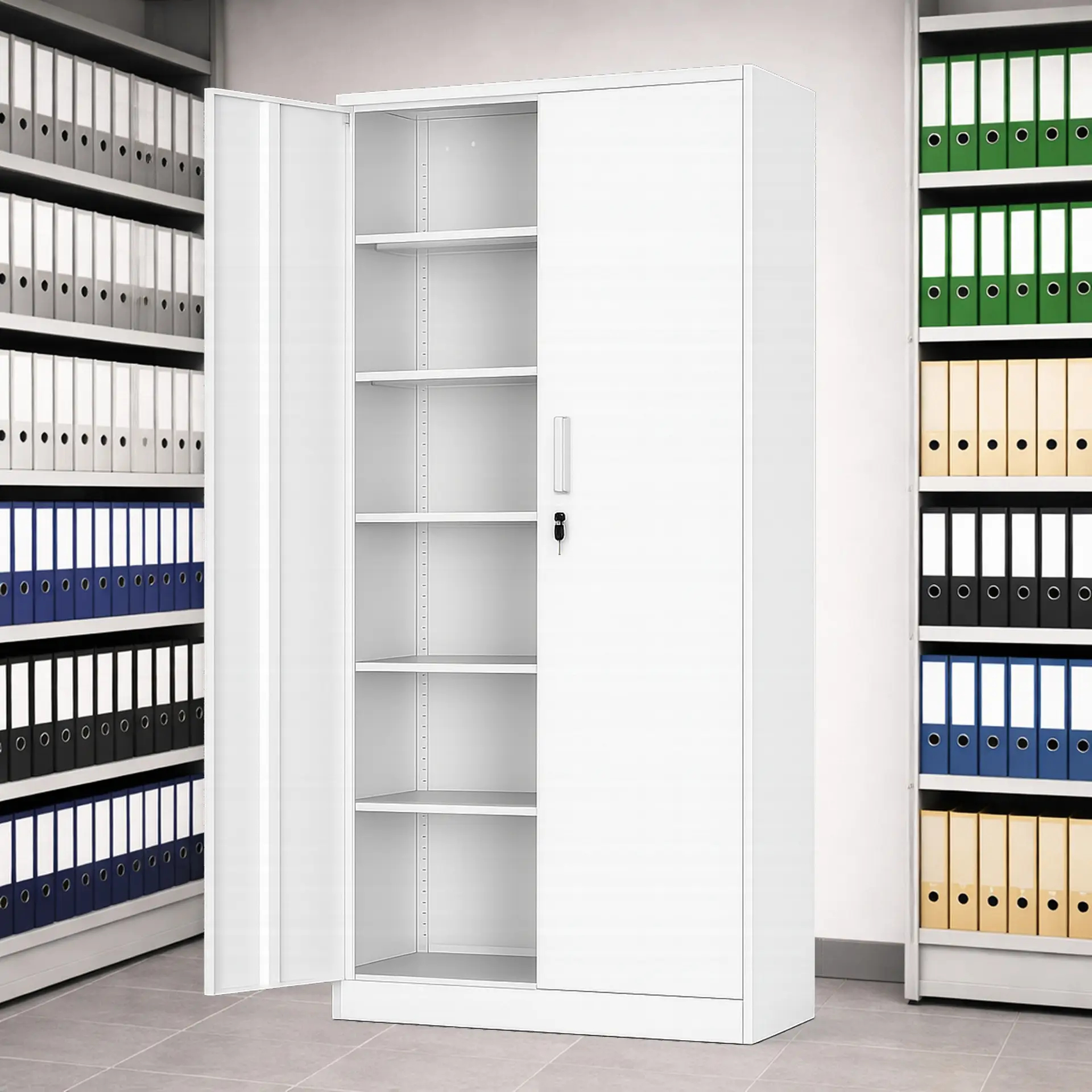 white metal storage cabinet with shelves