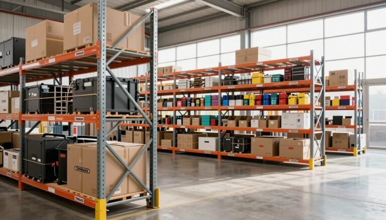 metal shelving units with boxes storage