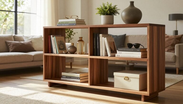 wooden shelving unit with compartments