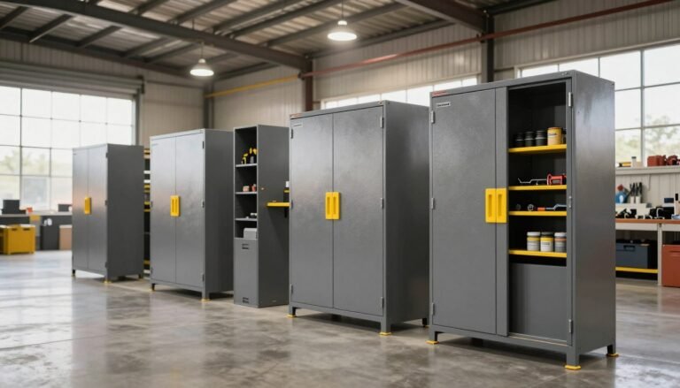 metal storage cabinets with yellow handles