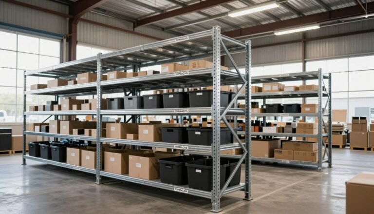 metal storage shelving units with boxes