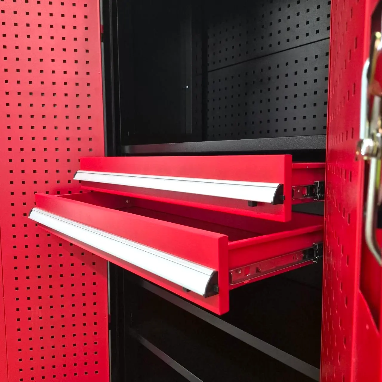 red metal storage cabinet drawers
