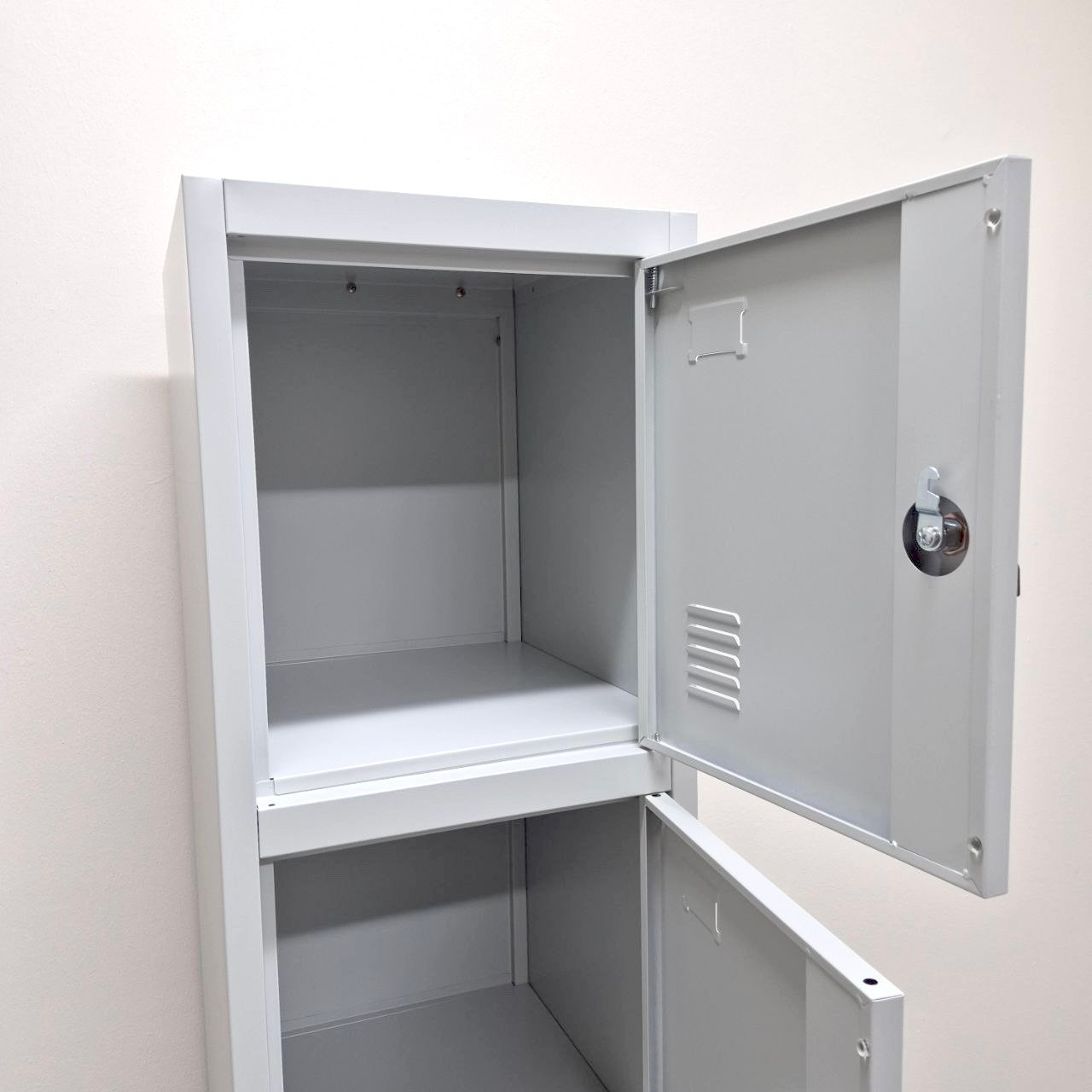 metal storage cabinet with open doors