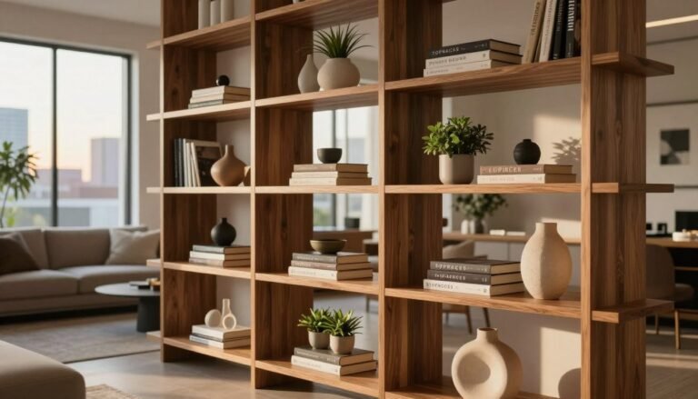 wooden open shelving unit with decor