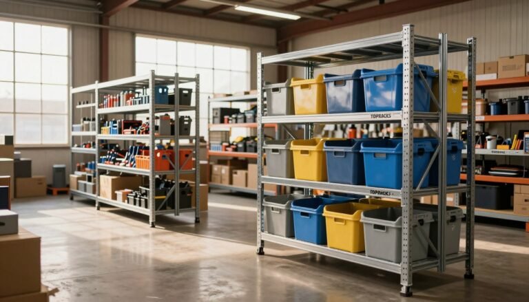 metal shelving units with storage bins