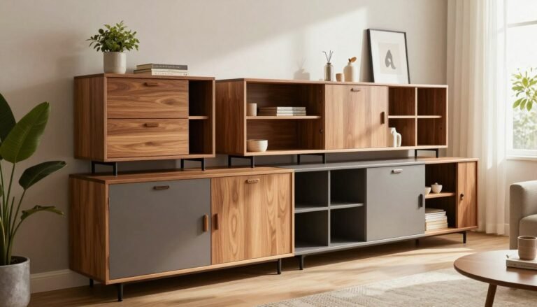 wooden storage cabinets with shelves