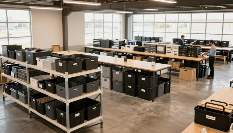 metal storage racks with plastic bins