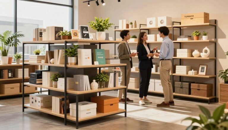 wood and metal shelving units with decor
