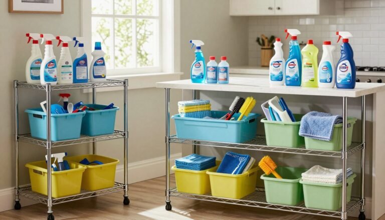 metal storage racks with cleaning supplies