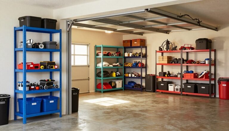 metal storage shelving units in garage