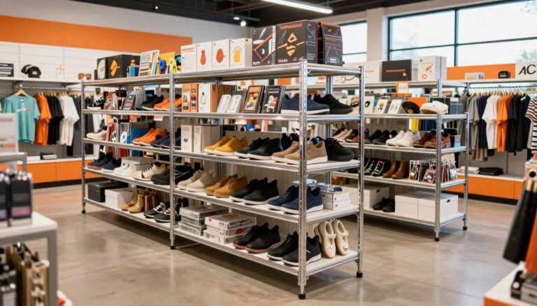 metal shelving units with shoes