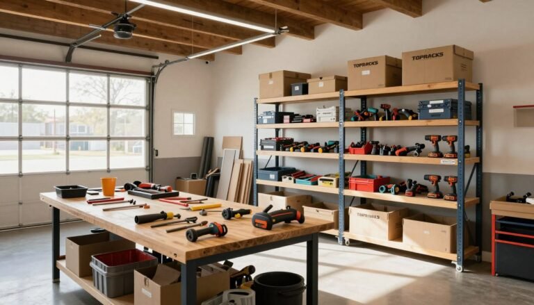 metal shelving unit with tools